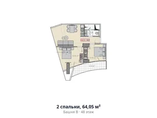 2 спальни, 64,05 м²