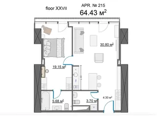 1 спальня, 64,4 м²