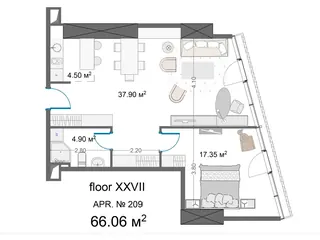 1 спальня, 66,1 м²