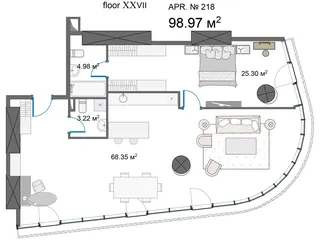 1 спальня, 99,0 м²