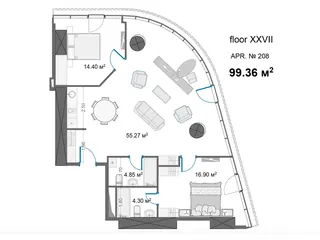 2 спальни, 99,4 м²