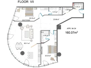 2 спальни + кабинет, 160,1 м²