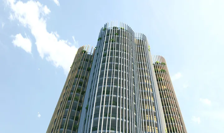Domus Trees — башни разной высоты вертикального деревянного фасада, вид снизу