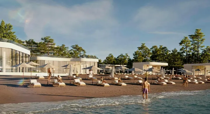 1.2 km private beach and a beach club with a bar